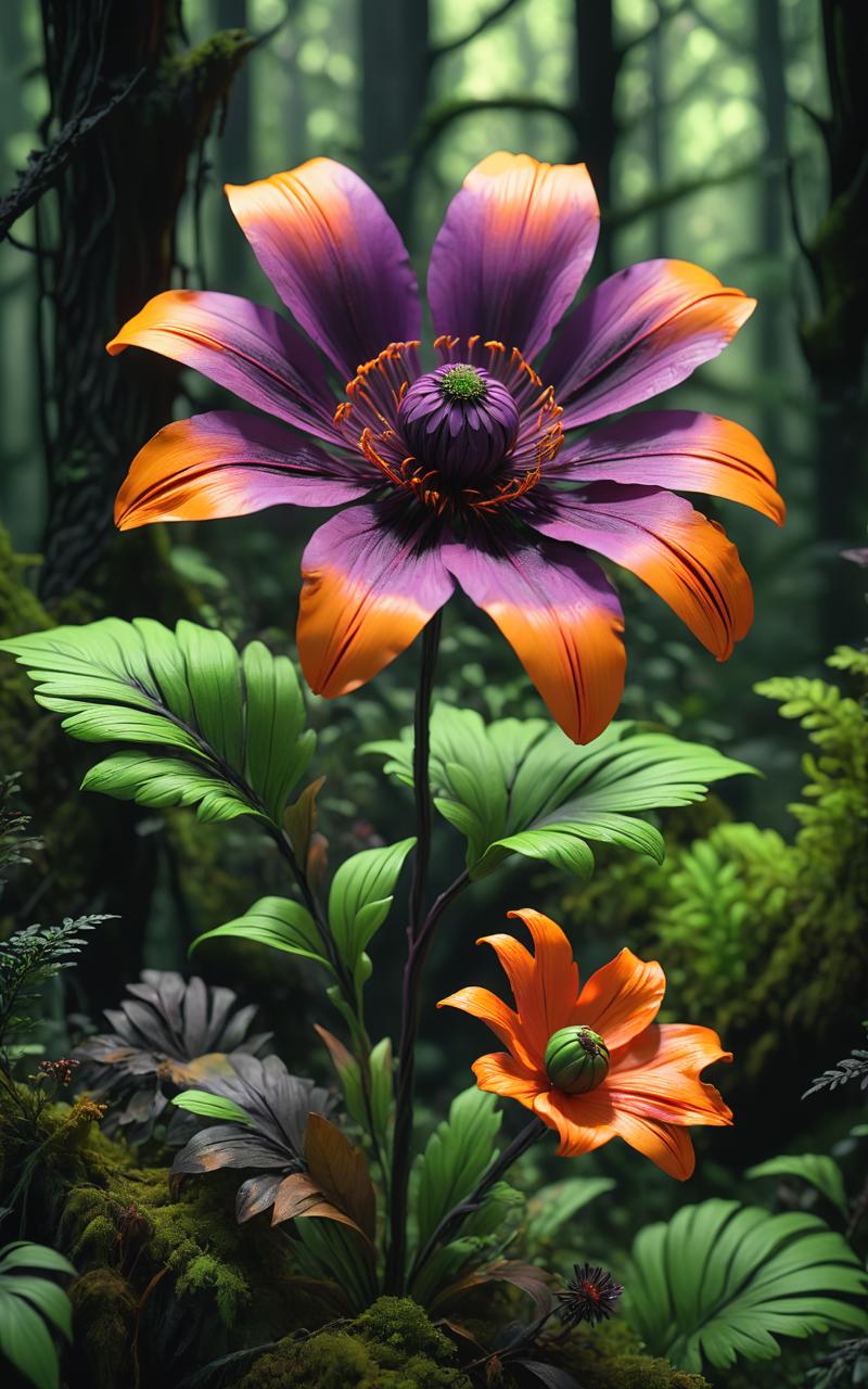 08913-3879491004-A beautiful purple flower in a dark forest, in the style of hyper-realistic sculptures, dark orange and green, post-apocalyptic.png